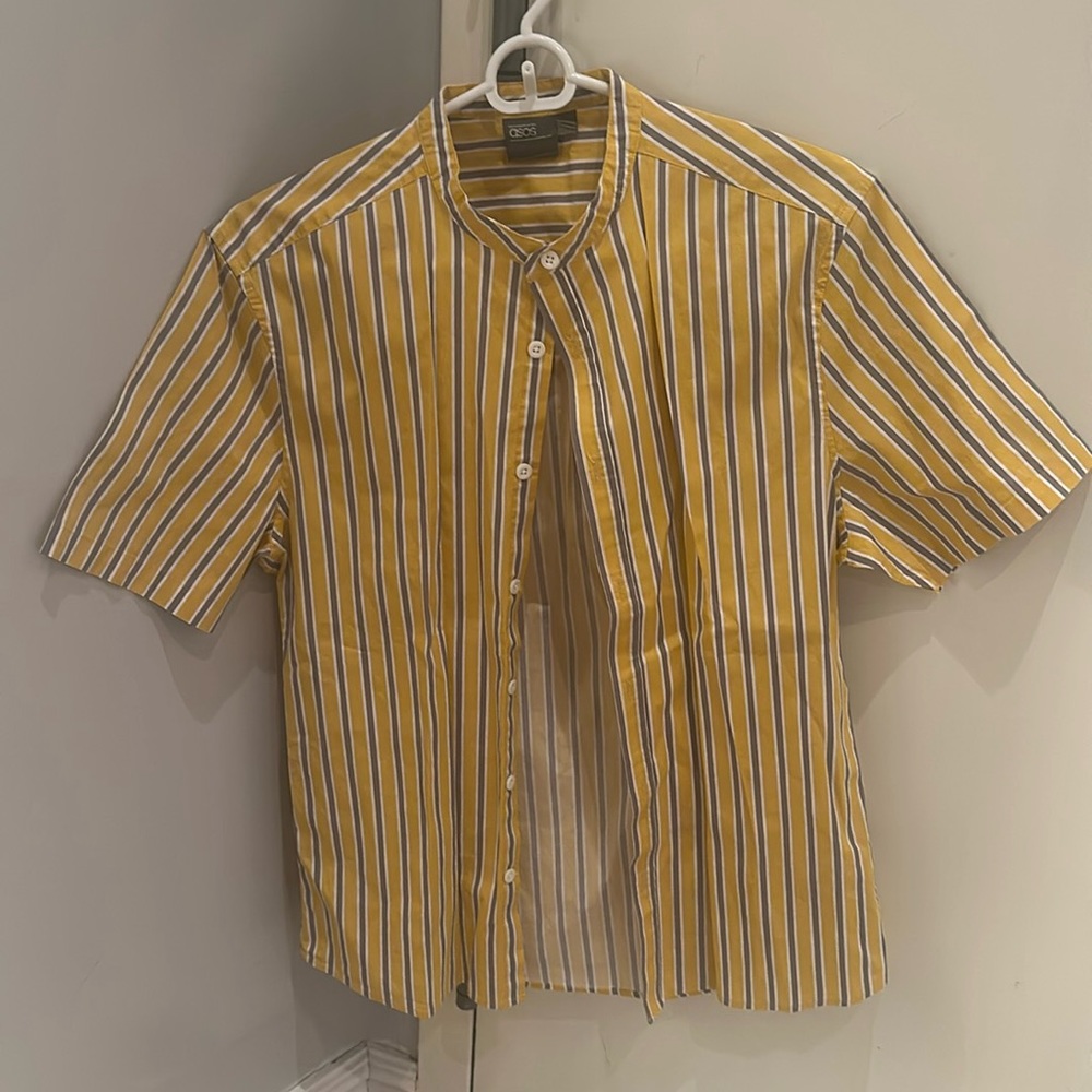 ASOS Men’s Short Sleeve Yellow Cotton Button Down Grey & White Vertical Stripes